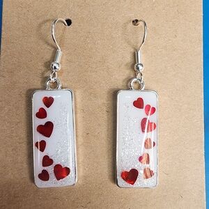 Chic Silver and Red Heart Drop Earrings